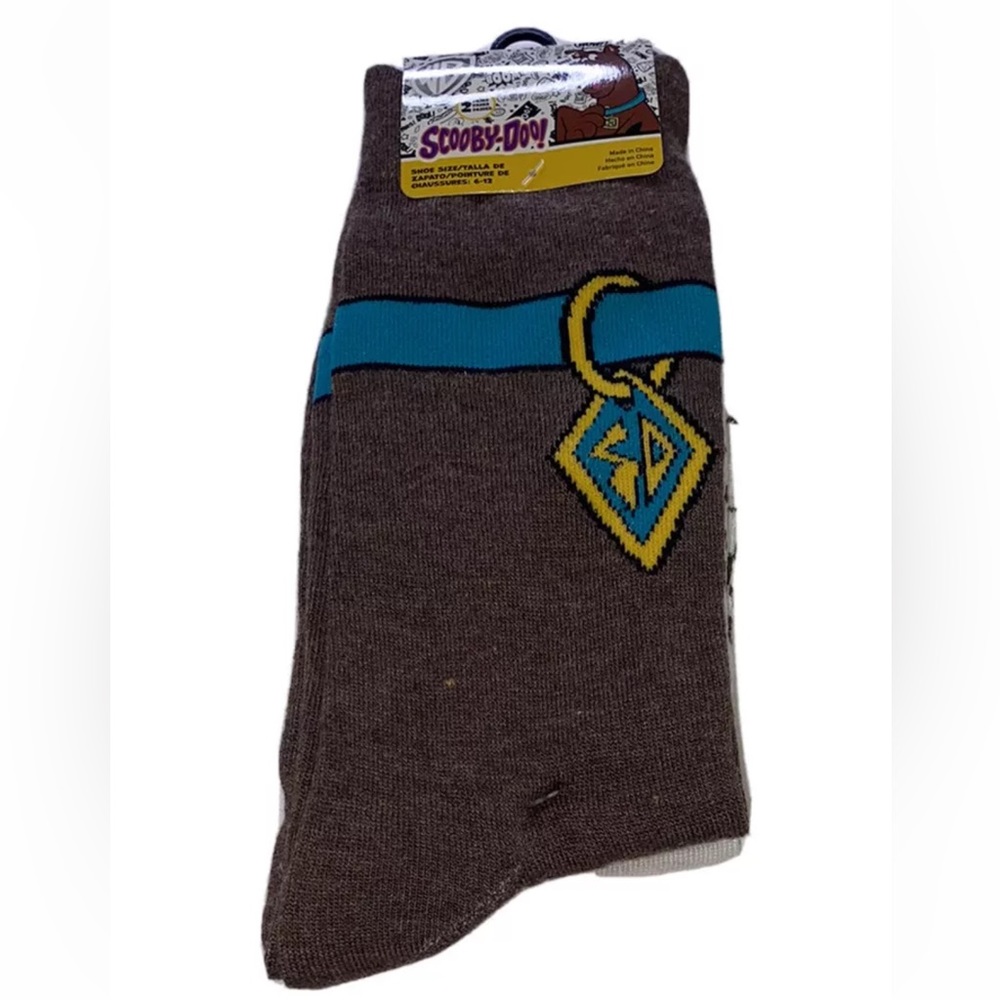 Scooby Doo Crew Socks 2 Pair Men 6-12 Brown Off-White w Collar Logo Mystery NEW!